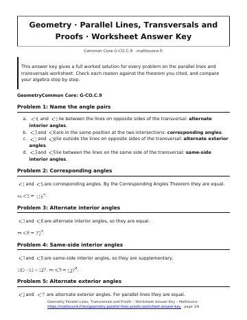 Page 1 of the Geometry Parallel Lines, Transversals and Proofs worksheet answer key PDF