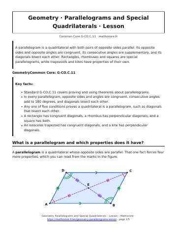 Page 1 of the Geometry Parallelograms and Special Quadrilaterals lesson PDF