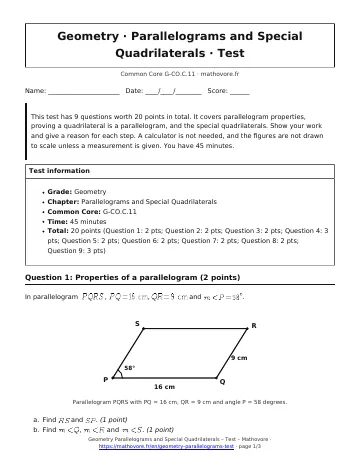 Page 1 of the Geometry Parallelograms and Special Quadrilaterals test PDF