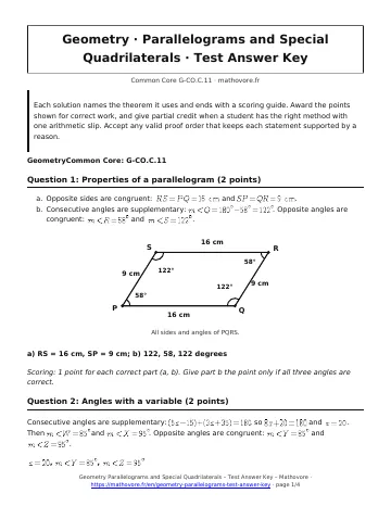 Page 1 of the Geometry Parallelograms and Special Quadrilaterals test answer key PDF