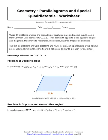 Page 1 of the Geometry Parallelograms and Special Quadrilaterals worksheet PDF
