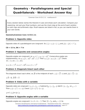 Page 1 of the Geometry Parallelograms and Special Quadrilaterals worksheet answer key PDF