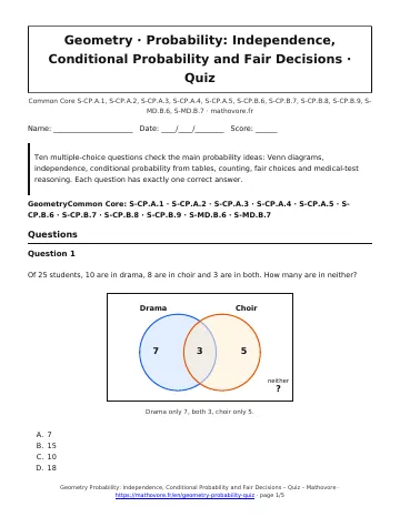 Page 1 of the Geometry Probability: Independence, Conditional Probability and Fair Decisions quiz PDF