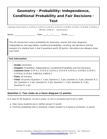 Page 1 of the Geometry Probability: Independence, Conditional Probability and Fair Decisions test PDF
