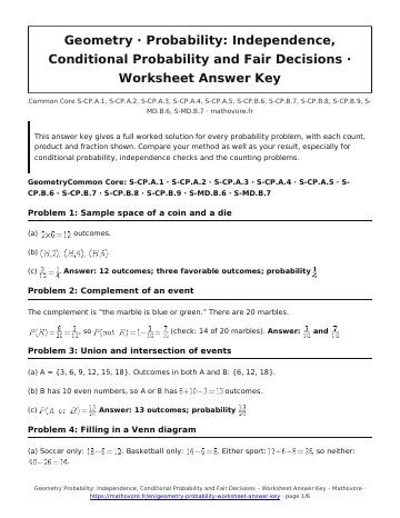 Page 1 of the Geometry Probability: Independence, Conditional Probability and Fair Decisions worksheet answer key PDF