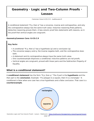 Page 1 of the Geometry Logic and Two-Column Proofs lesson PDF