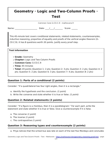 Page 1 of the Geometry Logic and Two-Column Proofs test PDF