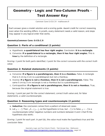 Page 1 of the Geometry Logic and Two-Column Proofs test answer key PDF