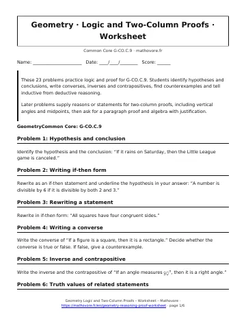 Page 1 of the Geometry Logic and Two-Column Proofs worksheet PDF