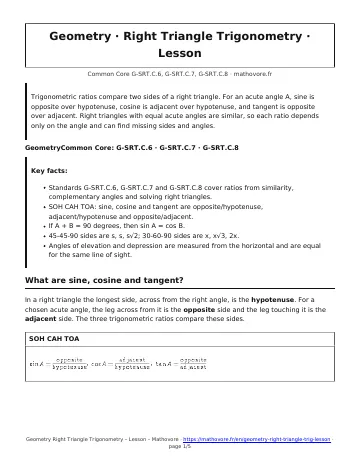 Page 1 of the Geometry Right Triangle Trigonometry lesson PDF