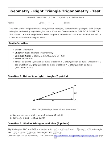 Page 1 of the Geometry Right Triangle Trigonometry test PDF