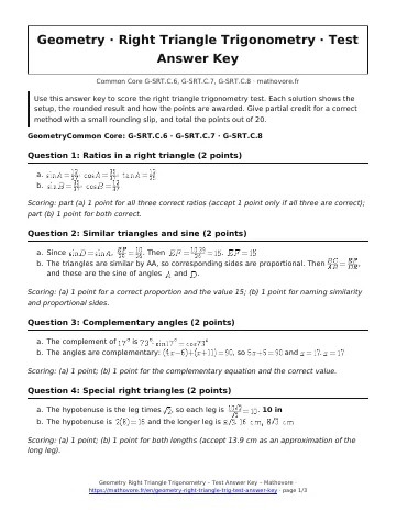 Page 1 of the Geometry Right Triangle Trigonometry test answer key PDF