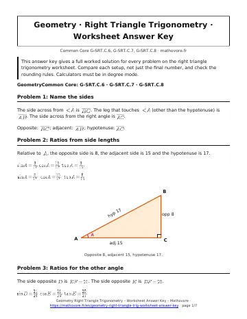 Page 1 of the Geometry Right Triangle Trigonometry worksheet answer key PDF