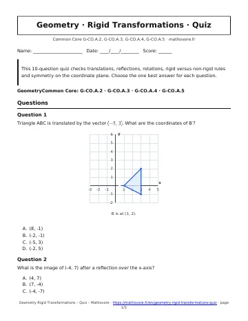 Page 1 of the Geometry Rigid Transformations quiz PDF