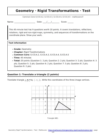 Page 1 of the Geometry Rigid Transformations test PDF