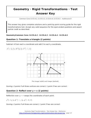 Page 1 of the Geometry Rigid Transformations test answer key PDF