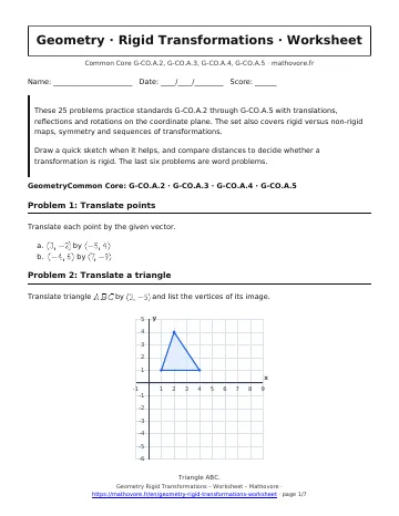 Page 1 of the Geometry Rigid Transformations worksheet PDF