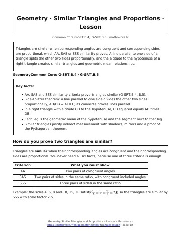 Page 1 of the Geometry Similar Triangles and Proportions lesson PDF