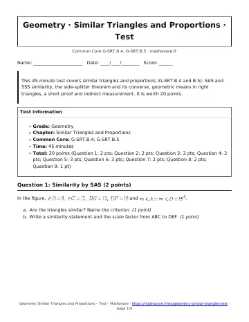 Page 1 of the Geometry Similar Triangles and Proportions test PDF