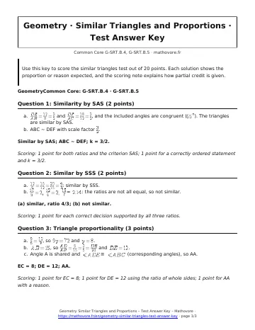 Page 1 of the Geometry Similar Triangles and Proportions test answer key PDF