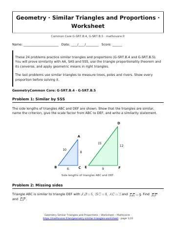 Page 1 of the Geometry Similar Triangles and Proportions worksheet PDF