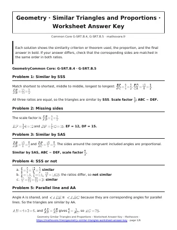 Page 1 of the Geometry Similar Triangles and Proportions worksheet answer key PDF