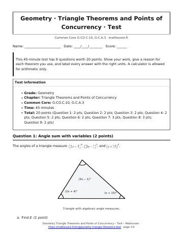 Page 1 of the Geometry Triangle Theorems and Points of Concurrency test PDF