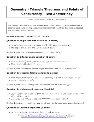 Page 1 of the Geometry Triangle Theorems and Points of Concurrency test answer key PDF