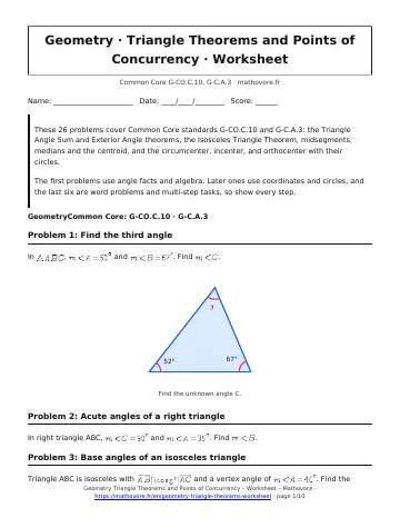 Page 1 of the Geometry Triangle Theorems and Points of Concurrency worksheet PDF