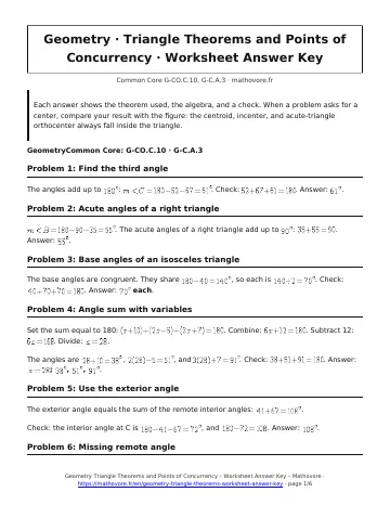 Page 1 of the Geometry Triangle Theorems and Points of Concurrency worksheet answer key PDF