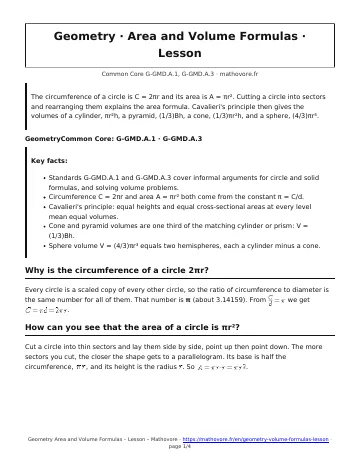 Page 1 of the Geometry Area and Volume Formulas lesson PDF