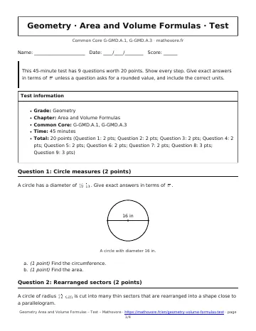 Page 1 of the Geometry Area and Volume Formulas test PDF
