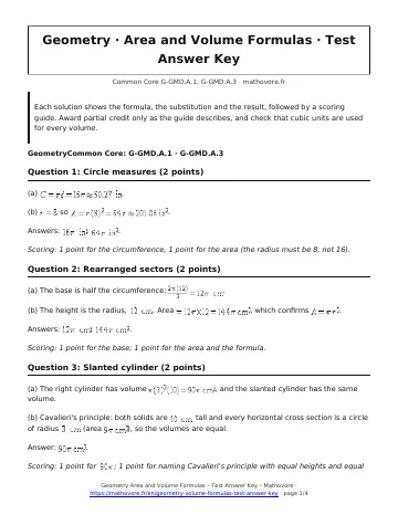 Page 1 of the Geometry Area and Volume Formulas test answer key PDF