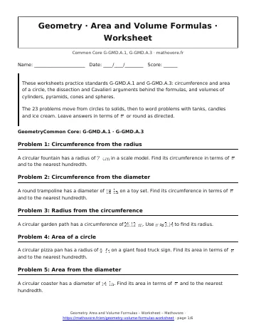 Page 1 of the Geometry Area and Volume Formulas worksheet PDF