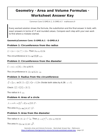 Page 1 of the Geometry Area and Volume Formulas worksheet answer key PDF