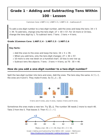 Page 1 of the Grade 1 Adding and Subtracting Tens Within 100 lesson PDF