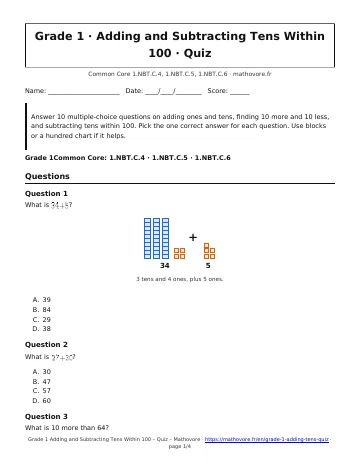 Page 1 of the Grade 1 Adding and Subtracting Tens Within 100 quiz PDF