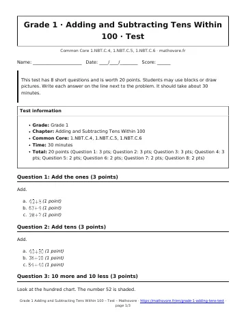 Page 1 of the Grade 1 Adding and Subtracting Tens Within 100 test PDF