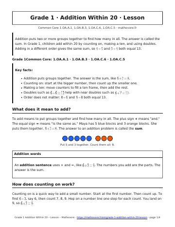 Page 1 of the Grade 1 Addition Within 20 lesson PDF