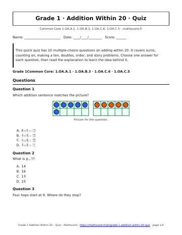 Page 1 of the Grade 1 Addition Within 20 quiz PDF