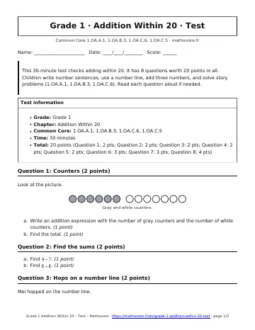 Page 1 of the Grade 1 Addition Within 20 test PDF