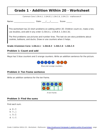 Page 1 of the Grade 1 Addition Within 20 worksheet PDF
