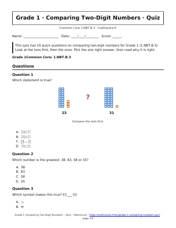 Page 1 of the Grade 1 Comparing Two-Digit Numbers quiz PDF