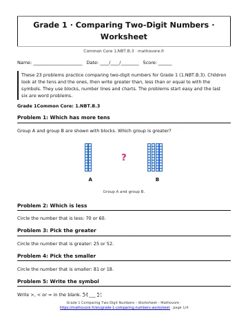 Page 1 of the Grade 1 Comparing Two-Digit Numbers worksheet PDF