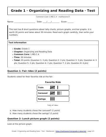 Page 1 of the Grade 1 Organizing and Reading Data test PDF