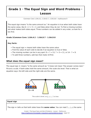 Page 1 of the Grade 1 The Equal Sign and Word Problems lesson PDF
