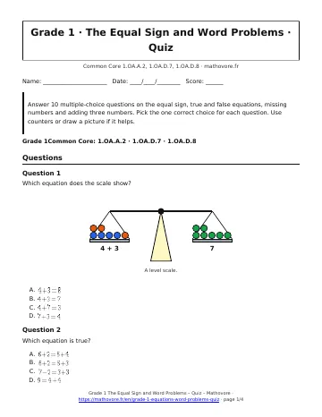 Page 1 of the Grade 1 The Equal Sign and Word Problems quiz PDF