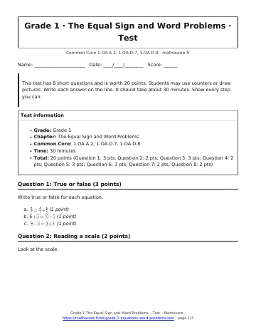 Page 1 of the Grade 1 The Equal Sign and Word Problems test PDF