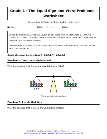 Page 1 of the Grade 1 The Equal Sign and Word Problems worksheet PDF