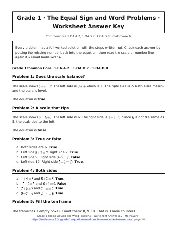Page 1 of the Grade 1 The Equal Sign and Word Problems worksheet answer key PDF